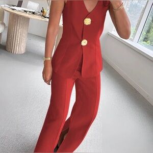Commense Women's Red Tailored Jumpsuit with Gold Buttons